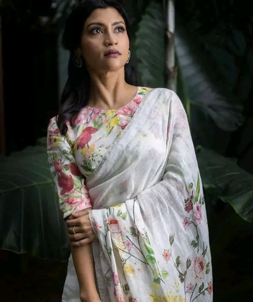 Cotton linen zip n go  saree with high-neck blouse