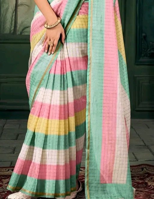 Cotton linen zip n go saree with v-neck blouse