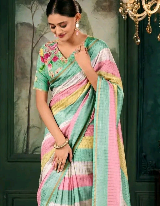 Cotton linen zip n go saree with v-neck blouse