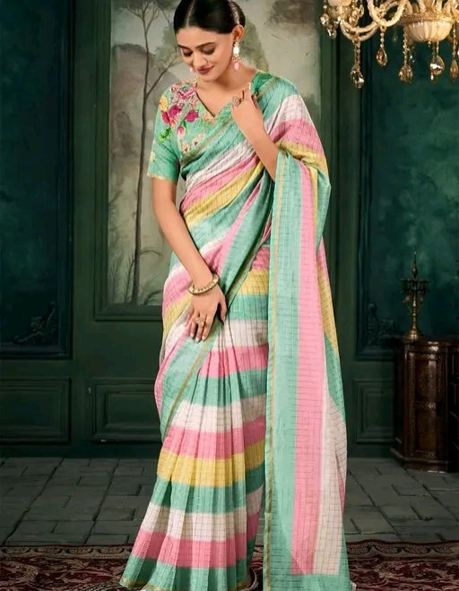 Cotton linen zip n go saree with v-neck blouse