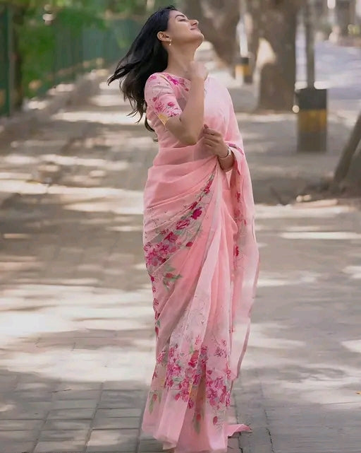 Cotton linen zip n go  saree with highneck blouse