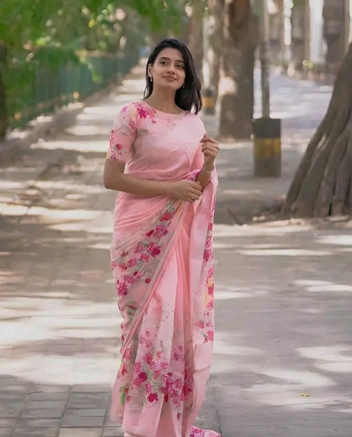 Cotton linen zip n go  saree with highneck blouse