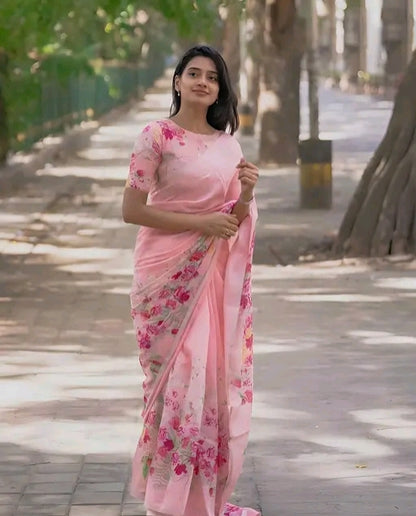 Cotton linen zip n go  saree with highneck blouse