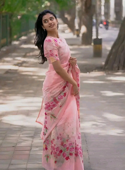 Cotton linen zip n go  saree with highneck blouse