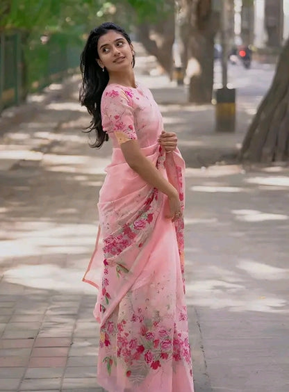 Cotton linen zip n go  saree with highneck blouse