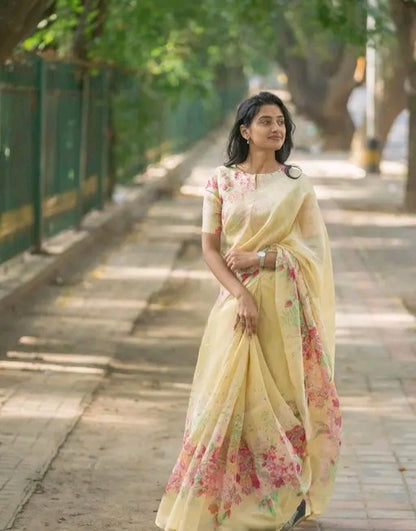 Cotton linen zip n go  saree with highneck blouse