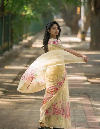 Cotton linen zip n go  saree with highneck blouse