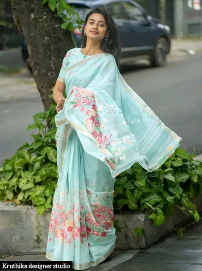 Cotton linen zip n go  saree with highneck blouse