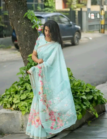 Cotton linen zip n go  saree with highneck blouse