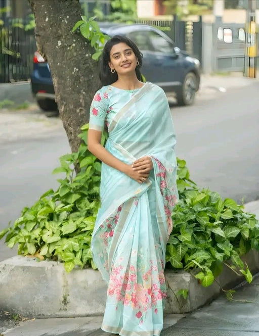 Cotton linen zip n go  saree with highneck blouse