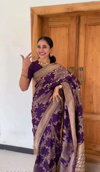 Purple semi banarasi silk zip n go  saree with highneck blouse