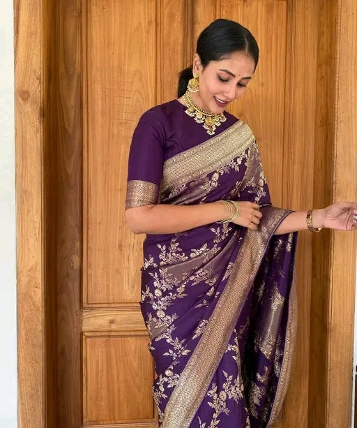 Purple semi banarasi silk zip n go  saree with highneck blouse