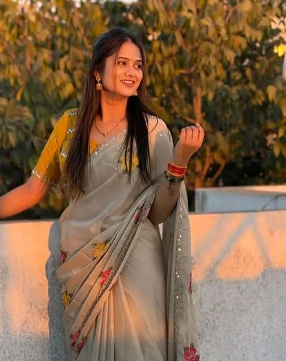 Beige rangoli silk georgette sareee