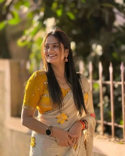 Beige rangoli silk georgette sareee