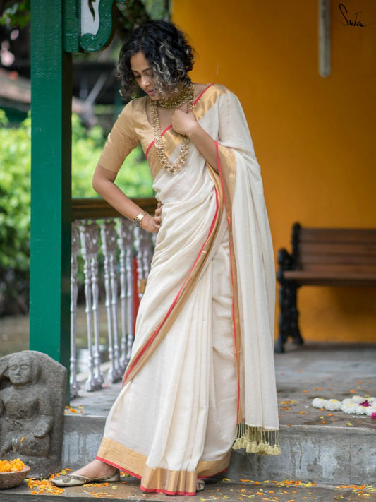 White red onam saree