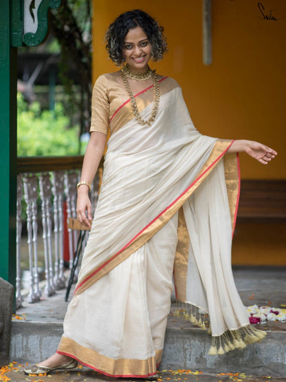 White red onam saree