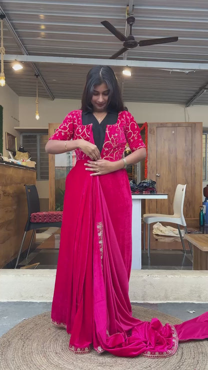 Pink velvet saree