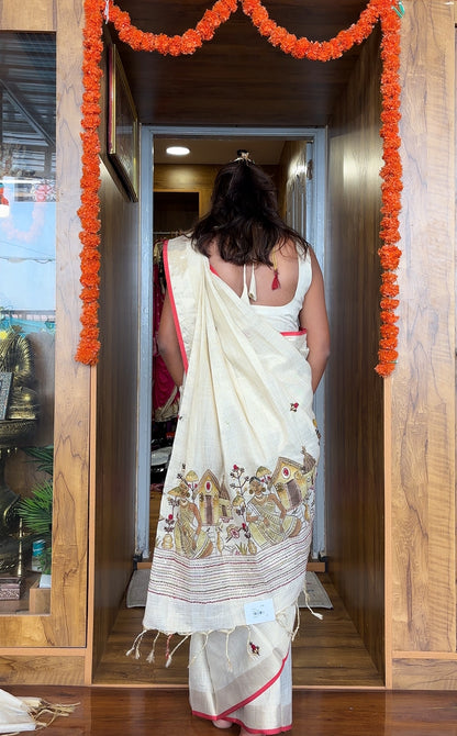 Linen handwork saree (hand painted )