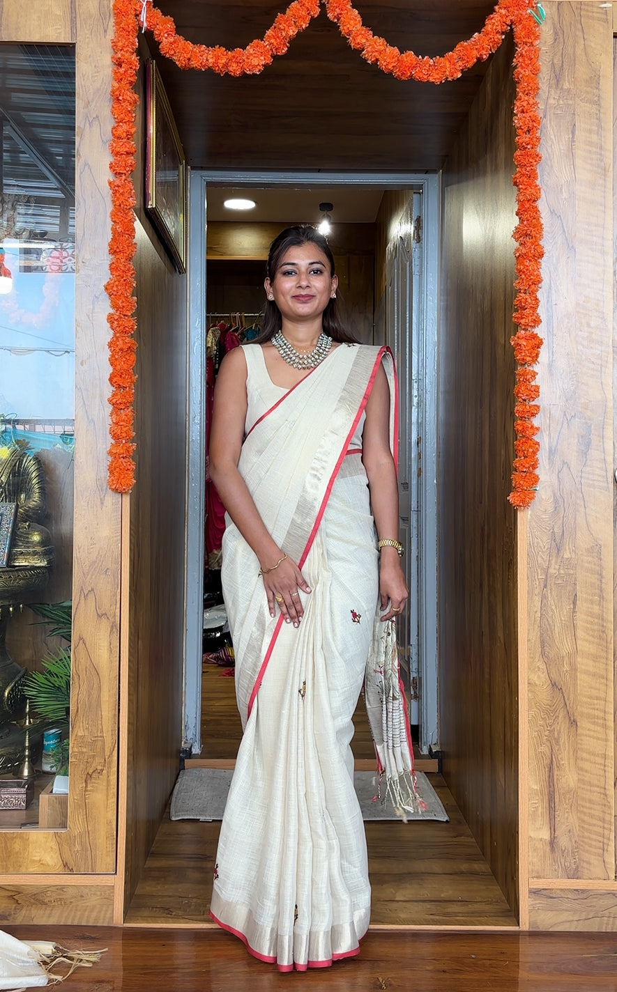 Linen handwork saree (hand painted )